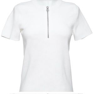 HELMUT LANG White Sweater Knit Top Henley Short Sleeve Silver Zipper Sz S